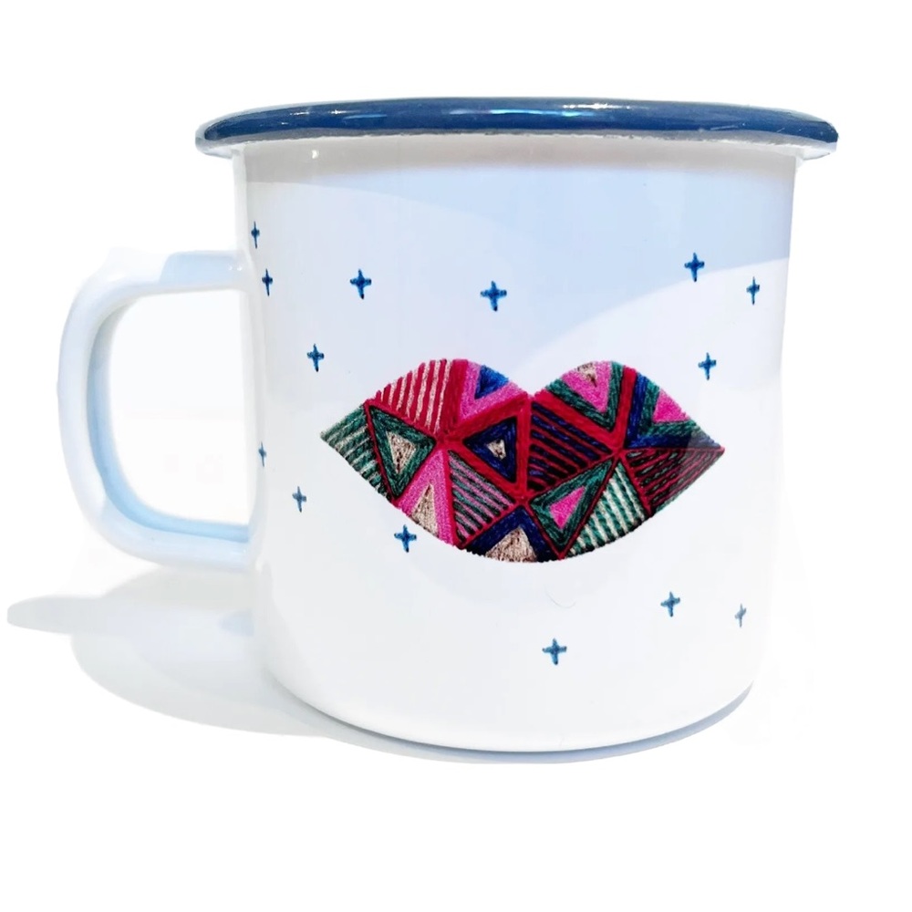 Sephora Beauty Together Metal Mug Cup Geometric Lips Stars White Blue Coffee Tea